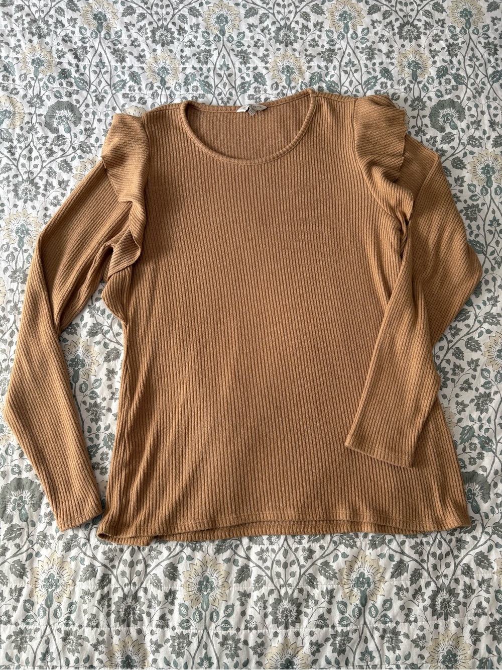 Lucky Brand Camel Ribbed Long-Sleeve Top with Puff Shoulders